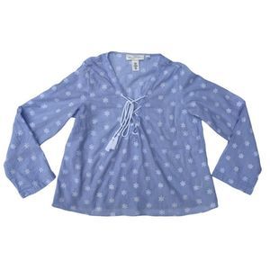 H&M boho peasant blouse blue white pinstripe eyelet lace up front long sleeve L​